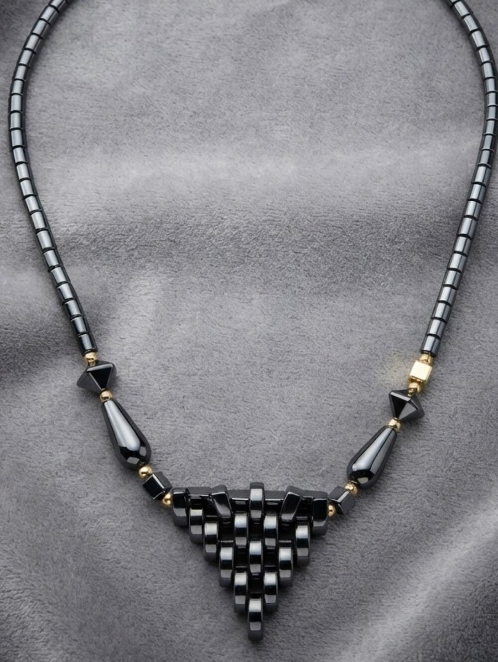 Vintage Hematite Woven Triangle Bib Necklace - Art Deco Indie Sleaze Y2K CC